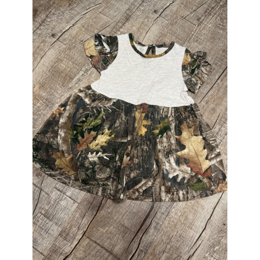 Bass Pro Shops Baby Girls Camo Ruffle Sleeve Dress 9M Cream Forest Print